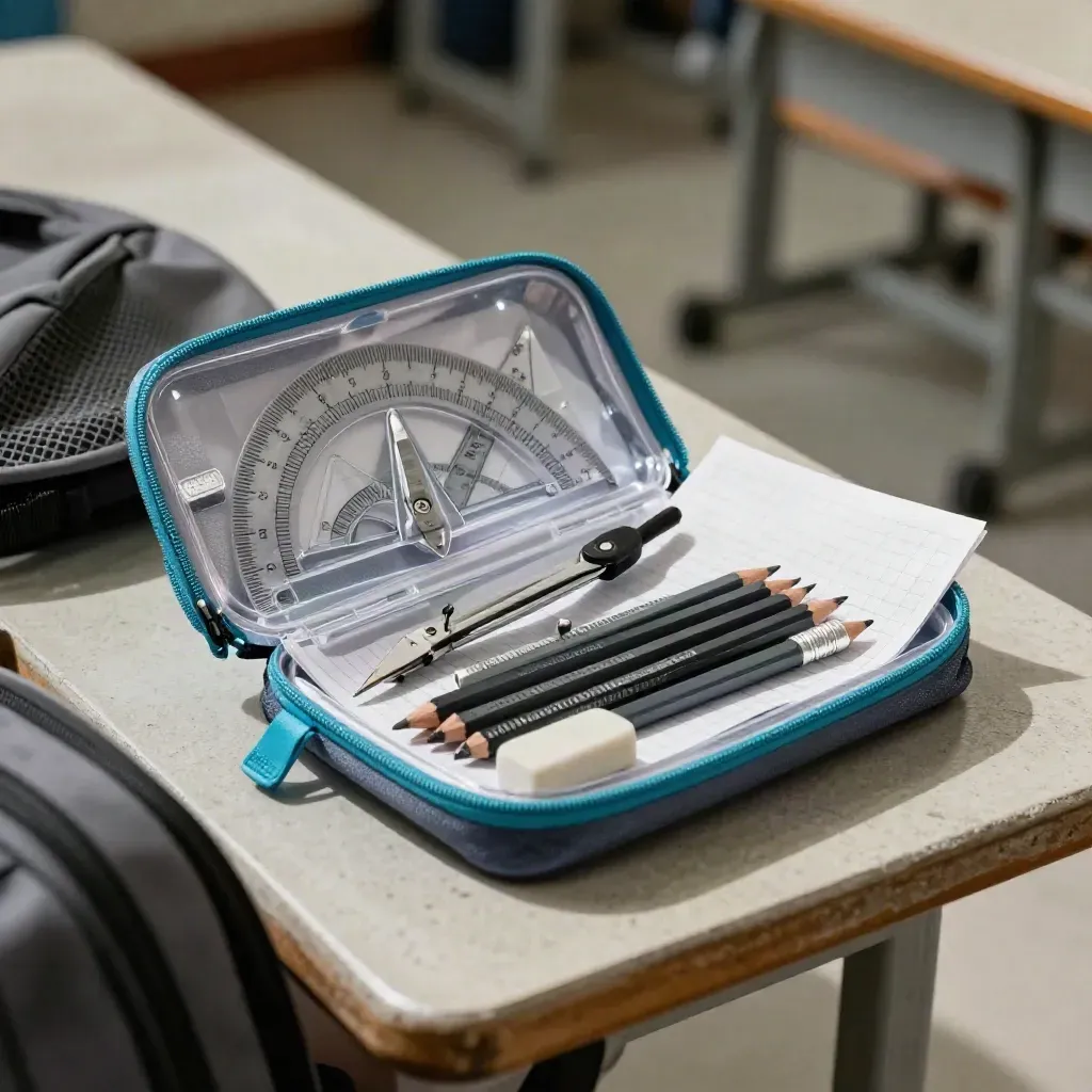 Etui na przybory, zestaw geometryczny i kartka w kratkę za siateczką plecaka.